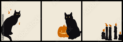Halloween Set of black cats and candles, pumpkin.