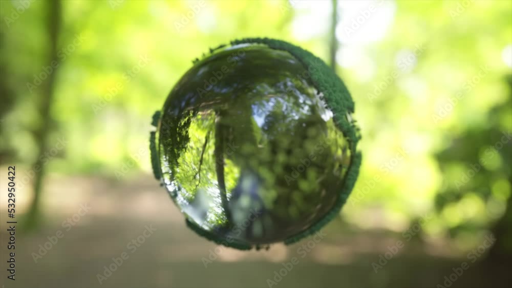 Nature protection concept. Rotating crystal ball shaped planet Earth in a green forest. 3d animation of seamless loop