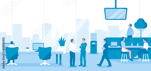 Modern office and workers horizontal vector illustration