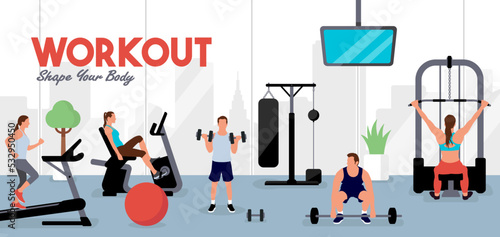 People working out at the gym.  Horizontal vector  banner illustration.