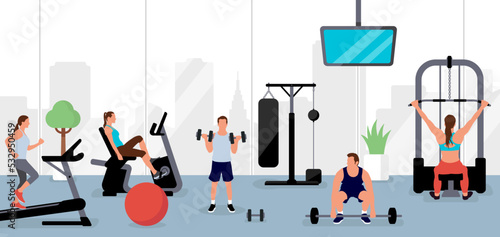 People working out at the gym.  Horizontal vector  banner illustration.