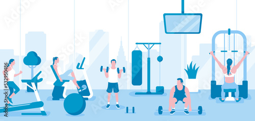 People working out at the gym.  Horizontal vector  banner illustration.