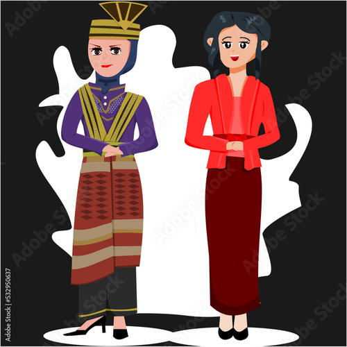 Traditional Banda Aceh Dress and Tradional Java Dress from Republik Indonesia Vector Illustration Design with White and Black Abstract Background.