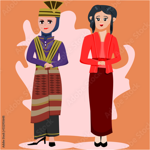 Traditional Banda Aceh Dress and Tradional Java Dress from Republik Indonesia Vector Illustration Design with Abstract Background.