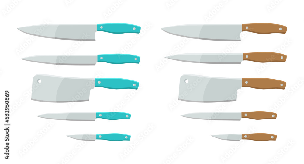 Kitchenware vector illustration. Kitchen knife in flat style, Utensils for cooking. Set of different kind of knives isolated on white background. Knife set. Kitchenware vector illustration. Kitchen knife in flat style, Utensils for cooking. Set of different kind of knives isolated on white background. Knife set.