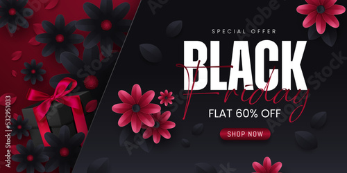 Black Friday Sale Banner with Red and Black Flowers and Gift Box