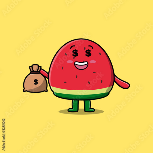 Cute cartoon Crazy rich Watermelon with money bag shaped funny in modern design illustration