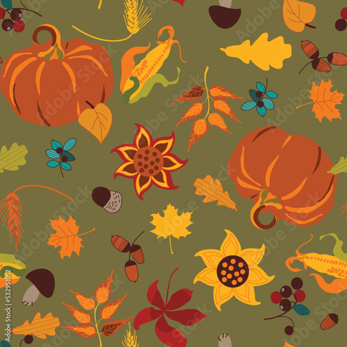 seamless pattern with pumpkin, corn and autumn leaves