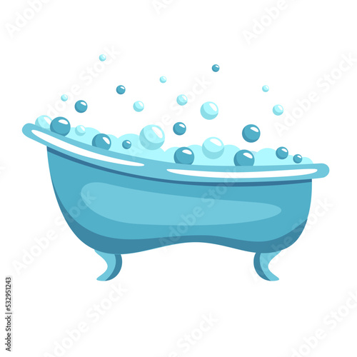 Vector flat illustration of blue bathtub on a white background.Bubble bath