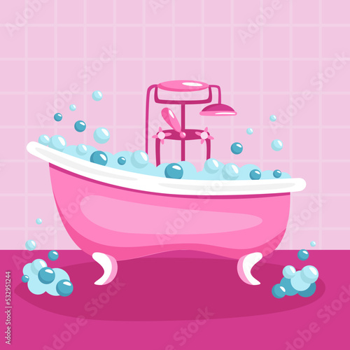 Vector flat illustration of pink bathroom in retro style. Bubble bath.
