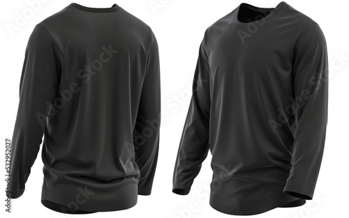 T-shirt round neck and hem long sleeve. jersey fabric texture ( 3d rendered ) Black