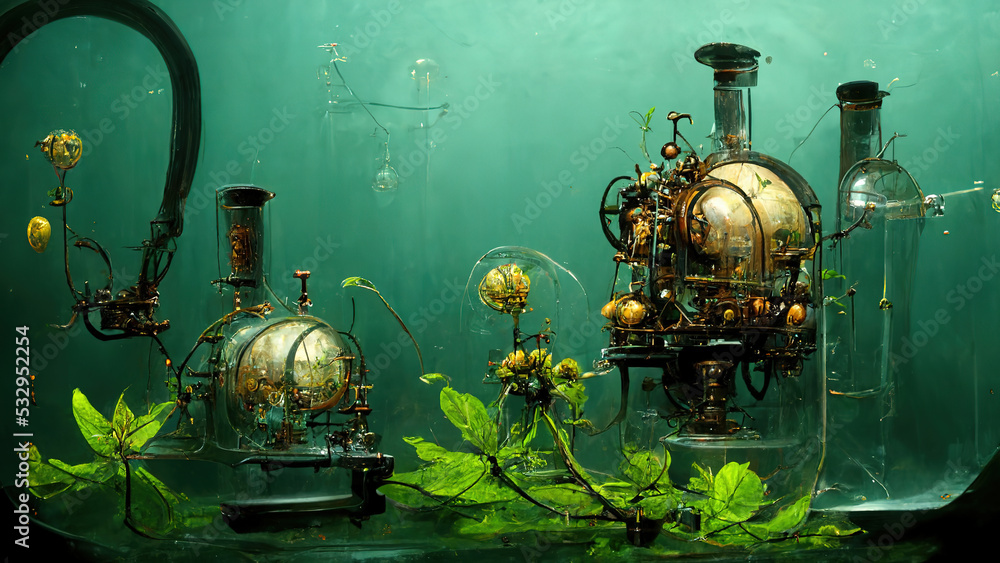 Flooded ancient laboratory, equipment, test tubes Flooded ancient laboratory, equipment, test tubes