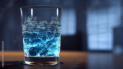 Isolated transparent water splash with splashes and drops in glass on dark background. 3 D render