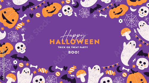 Cute halloween horizontal design template. Textured illustration of monsters. Vector illustration