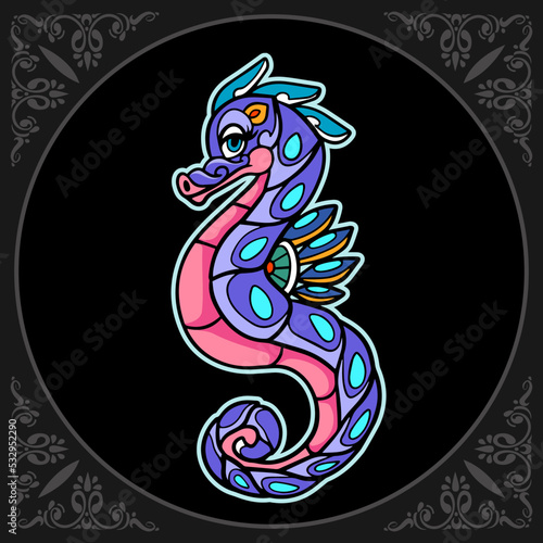 Colorful sea horse mandala arts isolated on black background