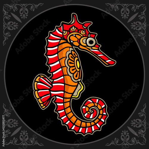 Colorful sea horse mandala arts isolated on black background