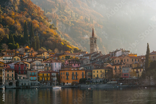 Varenna , picturesque town at Lake Como , Lombardy , during autumn , winter , cloudy day : Lake Como , Italy : December 7 , 2019