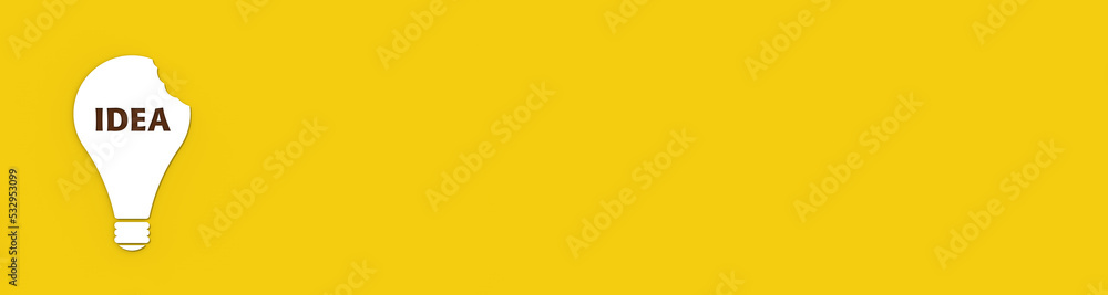 a white bitten light bulb with the inscription idea on a yellow background. teeth marks stealing an idea. plagiarism. copying other people's works.Banner for insertion into site.3D image.3D rendering. a white bitten light bulb with the inscription idea on a yellow background. teeth marks stealing an idea. plagiarism. copying other people's works.Banner for insertion into site.3D image.3D rendering.
