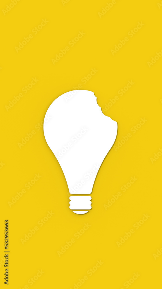 a white bitten light bulb on a yellow background. teeth marks stealing an idea. plagiarism. copying other people's works. Vertical image. 3D image. 3D rendering. a white bitten light bulb on a yellow background. teeth marks stealing an idea. plagiarism. copying other people's works. Vertical image. 3D image. 3D rendering.