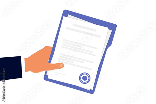 Hand holding folder documents. Folder with stamp and text. Stack of agreements document with approval stamp. Document in hand. Vector illustration flat design style