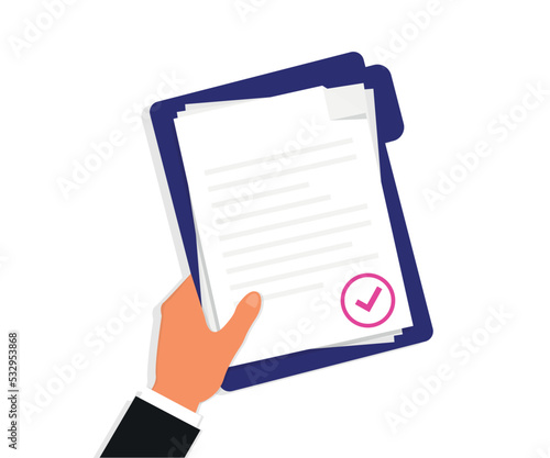Hand holding folder documents. Folder with check mark and text. Stack of agreements document with approval check mark. Document in hand. Vector illustration flat design style