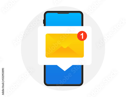 Unread notification on the smartphone screen. New Incoming message. Message icon bubble on the smartphone screen. Vector illustration of Notification of one new message on the smartphone screen.