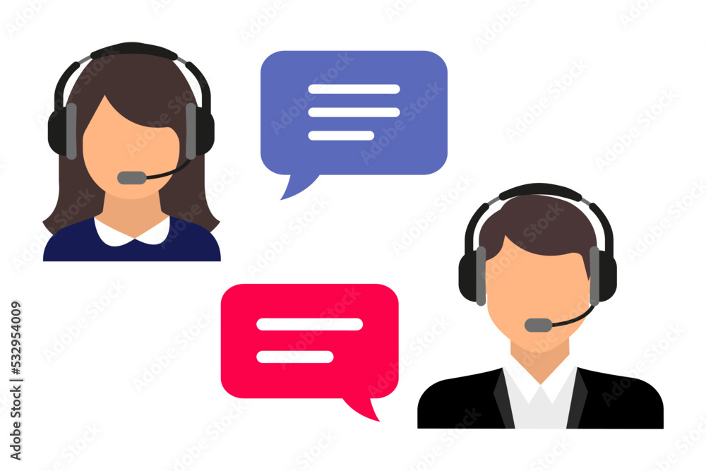 Support service. Call center. Male and female avatar with headphones and microphone. Call center online assistant. Speech bubbles conceptual of client services and communication. Help and support Support service. Call center. Male and female avatar with headphones and microphone. Call center online assistant. Speech bubbles conceptual of client services and communication. Help and support