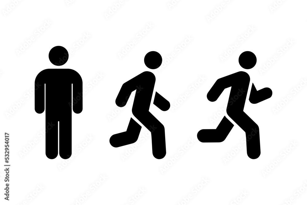 Man stands, walk and run icon set. Man in different poses and positions. Human movement sign. Stand navigation. People symbols isolated white background. Vector illustration Man stands, walk and run icon set. Man in different poses and positions. Human movement sign. Stand navigation. People symbols isolated white background. Vector illustration