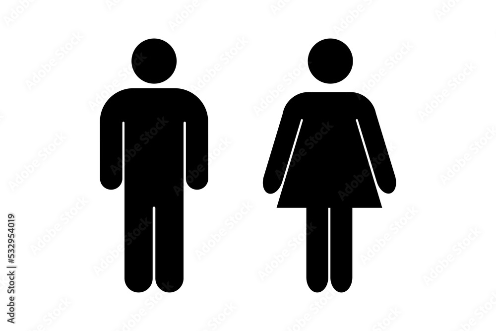 Man and woman icon. Gender symbols for toilets and special places. Black abstract symbols of man and women in flat style isolated on white background. Vector illustration Man and woman icon. Gender symbols for toilets and special places. Black abstract symbols of man and women in flat style isolated on white background. Vector illustration