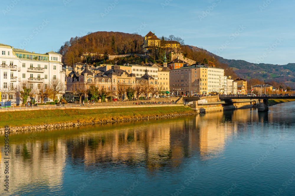 Panoramic spots and buildings along Salzach river near Marko Feingold Steg , Hohensalzburg during autumn , winter  : Salzburg , Austria : December 9 , 2019