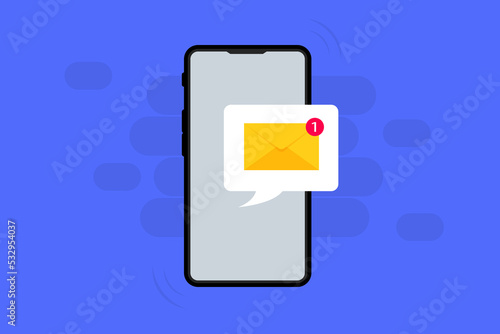 Unread notification on the smartphone screen. New Incoming message. Message icon bubble on the smartphone screen. Vector illustration of Notification of one new message on the smartphone screen.