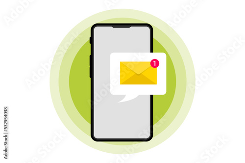 Unread notification on the smartphone screen. New Incoming message. Message icon bubble on the smartphone screen. Vector illustration of Notification of one new message on the smartphone screen.