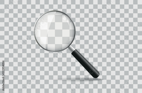 Magnifying glass. Realistic magnifying glass with shadow. Magnifier loupe search. Magnifier, big tool instrument. Business analysis symbol. Vector illustration