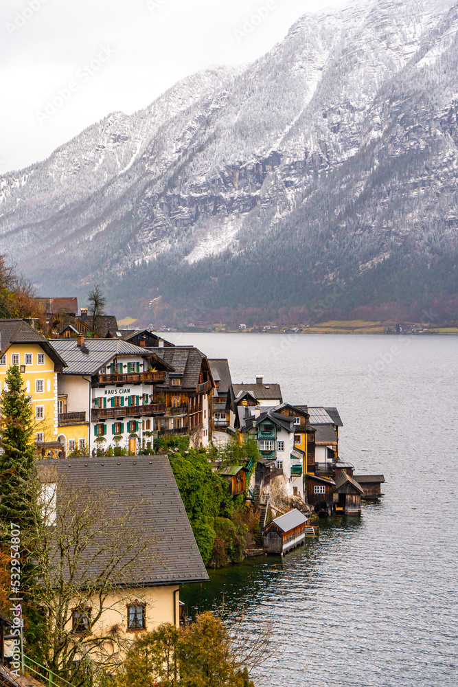 Fototapeta premium Hallstatt , Unesco Romance town at Lake Hallstatt and Salzkammergut during winter cloudy day : Hallstatt , Austria : December 10 , 2019