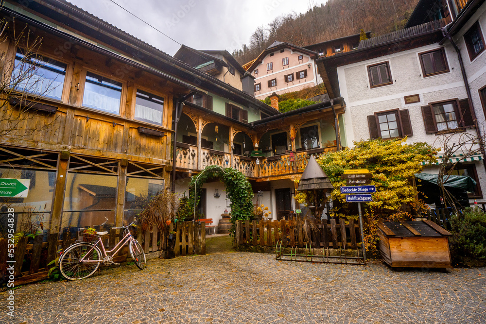 Naklejka premium Hallstatt , Unesco Romance town at Lake Hallstatt and Salzkammergut during winter cloudy day : Hallstatt , Austria : December 10 , 2019