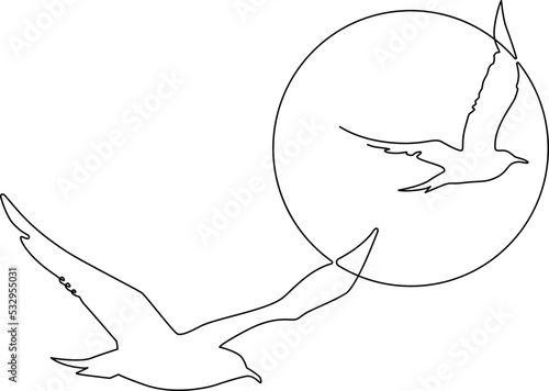 Two flying birds Silhouette against the background of the sun or moon. Continuous line drawing. Vector illustration. photo