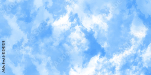Blue skies with white clouds background. Romantic sky. Abstract nature background of romantic summer blue sky with fluffy clouds. Beautiful puffy clouds in bright blue sky in day sunlight.>
