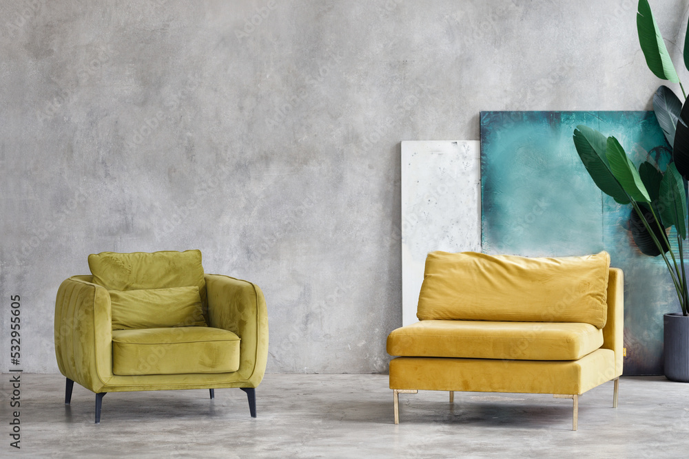 Fototapeta premium Room interior with two chairs, grey wall and floor. Mock up. The minimal living room interior..
