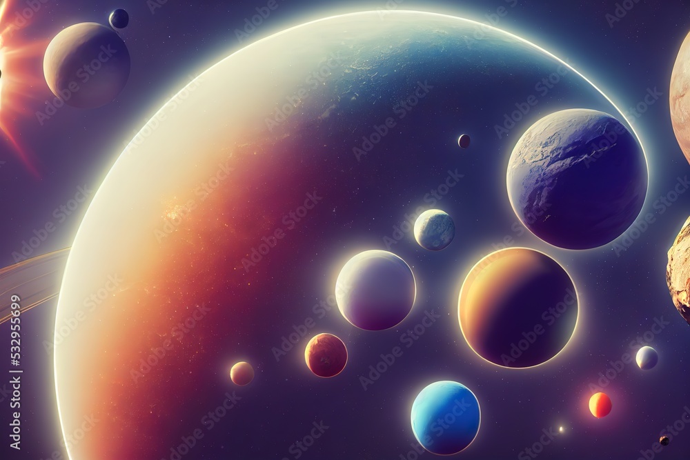 Planet digital art, Panoramic view of planets in the distant solar system in space,3d render, Raster illustration.