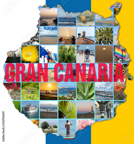 Collage of Gran Canaria photos on map view of Gran Canaria, with national flag as background. With 