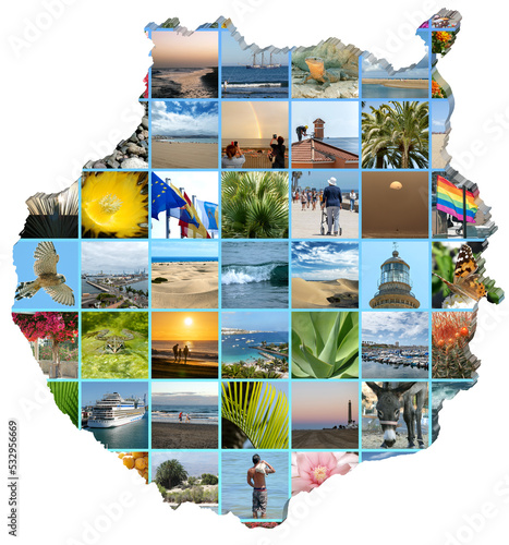 Collage of Gran Canaria photos on map view of Gran Canaria, white background. photo
