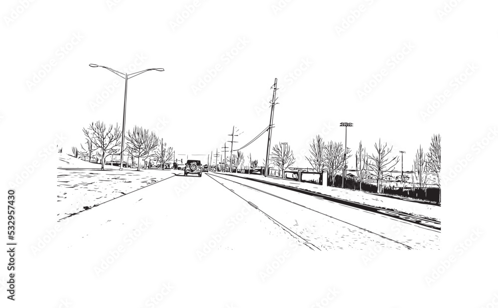 Building view with landmark of Overland Park is the 
city in Kansas. Hand drawn sketch illustration in vector.