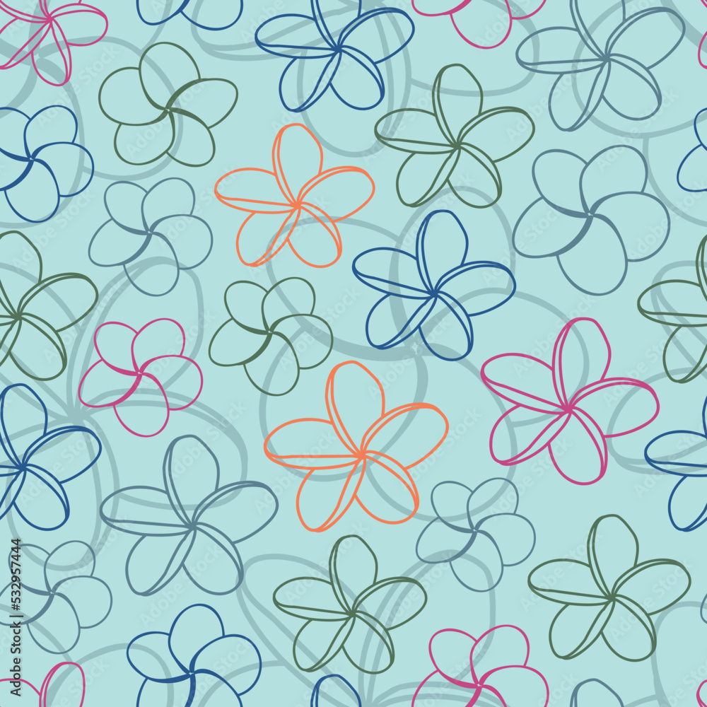 Elegant trendy vector floral seamless pattern design of frangipani flower outlines for textile and printing. Modern repeat texture with sky background Elegant trendy vector floral seamless pattern design of frangipani flower outlines for textile and printing. Modern repeat texture with sky background