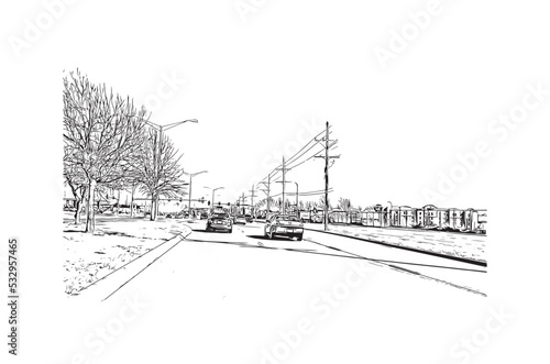 Building view with landmark of Overland Park is the city in Kansas. Hand drawn sketch illustration in vector.