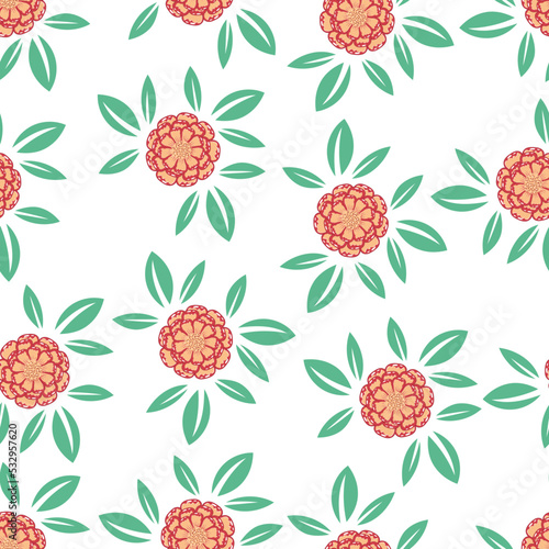 Seamless pattern with red marigolds and green leaves in a flat style isolated on a white background