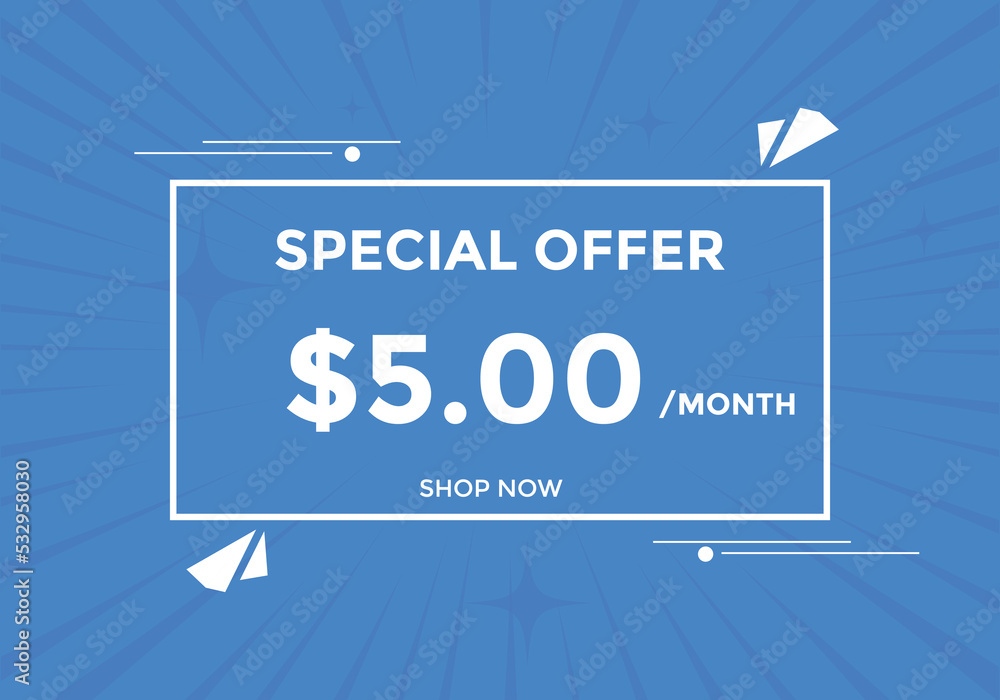 $5 USD Dollar Month sale promotion Banner. Special offer, 5 dollar month price tag, shop now button. Business or shopping promotion marketing concept
