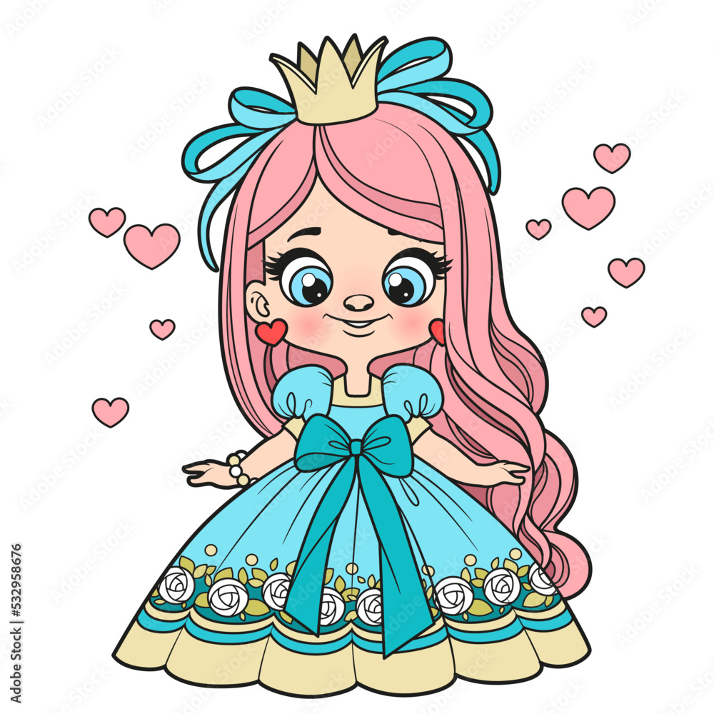 Cute long haired cartoon princess girl in magnificent ball gown with a bow color variation for coloring page on white background Cute long haired cartoon princess girl in magnificent ball gown with a bow color variation for coloring page on white background