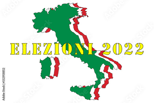 Italy  graphic illustration with three silhouettes of Italy and the colors of the flag  green white red. In the center the words  elections 2022  on a neutral background. 