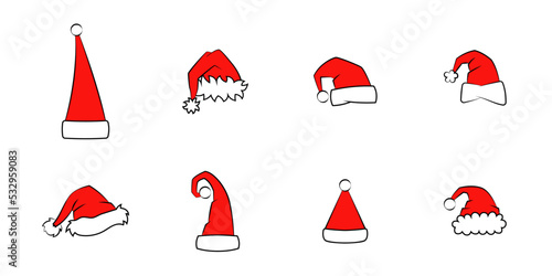 Conjunto de gorro de navidad. Feliz navidad. Sombrero rojo de navidad de Santa Claus. Ilustración vectorial
