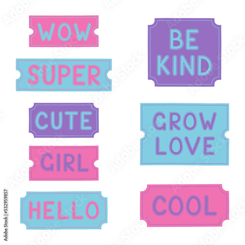 Set of cool retro girly stickers. Vector illustration in y2k style.